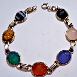Vintage 14K Yellow Gold Multicolor Genuine Stones Scarab Bracelet 7-1/4&quot;