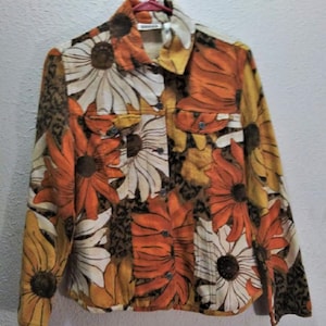 Vintage CHICOS Estampado de girasol Floral Biker Jeans Corte Piqué Algodón Chaqueta ligera sin forro