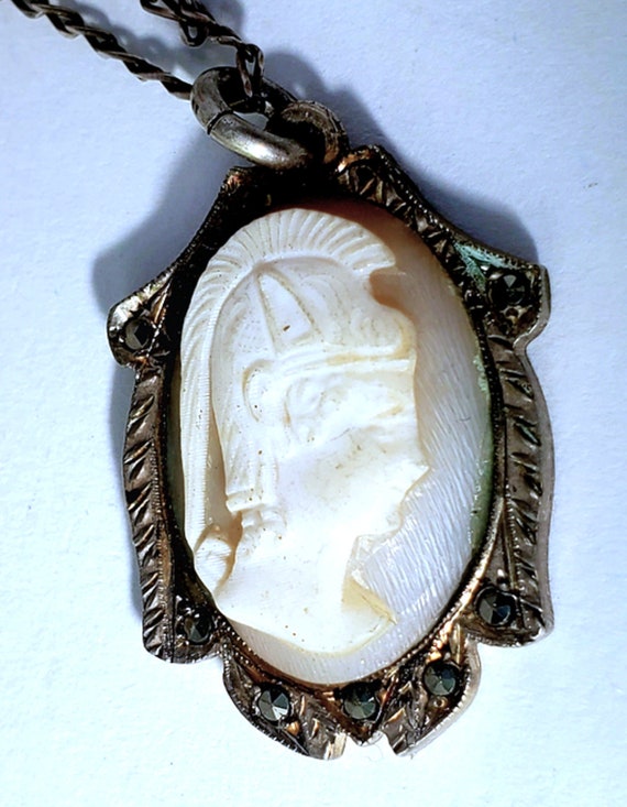 Victorian 800 Silver Marcasite Minerva Cameo Pendant Necklace