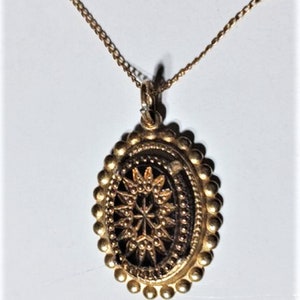 Antique Edwardian 14K GF Gilt Black Glass Mourning Pendant Necklace ~ 18&quot;