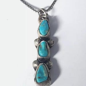 Vtg Sterling Silver & Turquoise SOUTHWEST Drop Pendant Necklace Lot 18&quot;