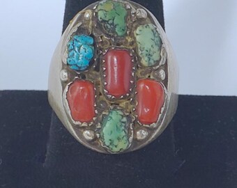 Vtg Sterling Silver SOUTHWEST Navajo Turquoise Coral Tapered Band Ring Size 11