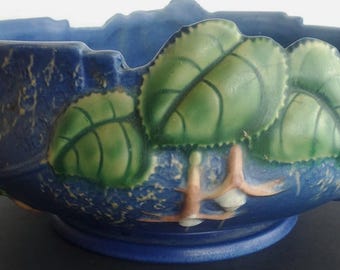 Vintage 1930s Roseville Fuchsia Blue Jardinière Planter ~ #350-8 Double Handled