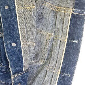 May include: Close-up of the inside of a blue denim jacket, showing the lining and stitching. The jacket is unbuttoned and the lining is visible.