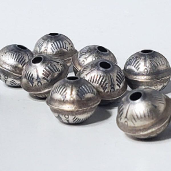 Vintage Sterling Silver Salvaged Stamped Design Navajo Bench Beads 7-8 mm Lot of 10