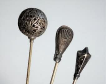 Lot de 3 épingles à chapeau victoriennes édouardiennes antiques en argent sterling