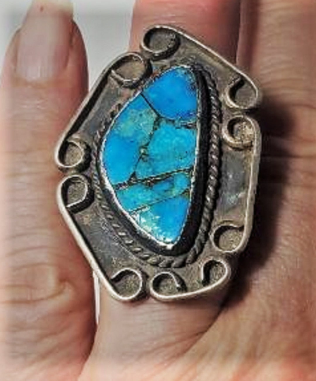 Vtg Sterling Silver SOUTHWEST Navajo Old Pawn Statement Turquoise