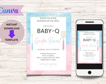 Gender Reveal BBQ Invitation, Baby Q Invitation, Editable BabyQ Gender Reveal Invitation, BBQ Gender Reveal Invitation, Boy or Girl BBQ
