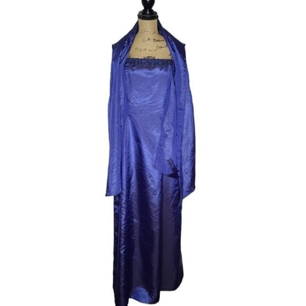 Vintage 90s Metallic Blue Beaded Full Skirt Maxi Length Formal Gown Prom Dress