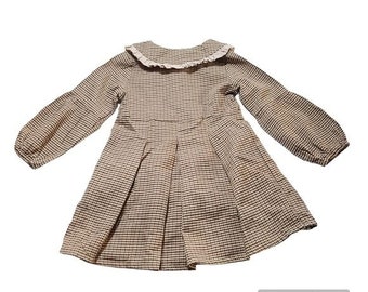 Vintage Brown Tan Plaid Round Ruffle Collar Pleated Skirt Gorls Dress