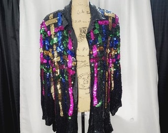 Vintage 80s 90s Black Colorful Full Sequins Jacket