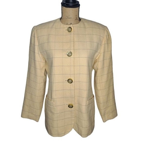 Vintage 80s Pale Pastel Yellow Window Pane Plaid … - image 1