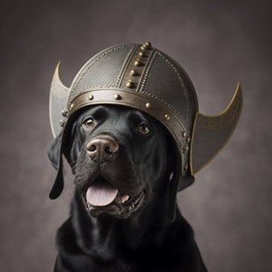 May include: A black Labrador Retriever wearing a brown and gold Viking helmet with horns.