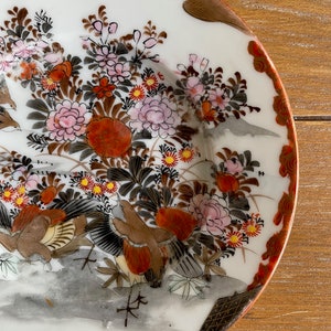 Japanese Meiji Kutani red hand painted birds and floral six inch plate set of 6