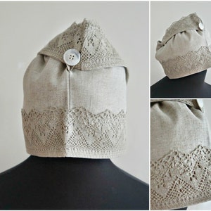 Bonnet de sauna pour femme. Chapeau de sauna en lin. Chapeau-turban pour sauna, SPA. Serviette pour cheveux en lin. Casquette avec lacet. Excellente idée cadeau pour une femme.