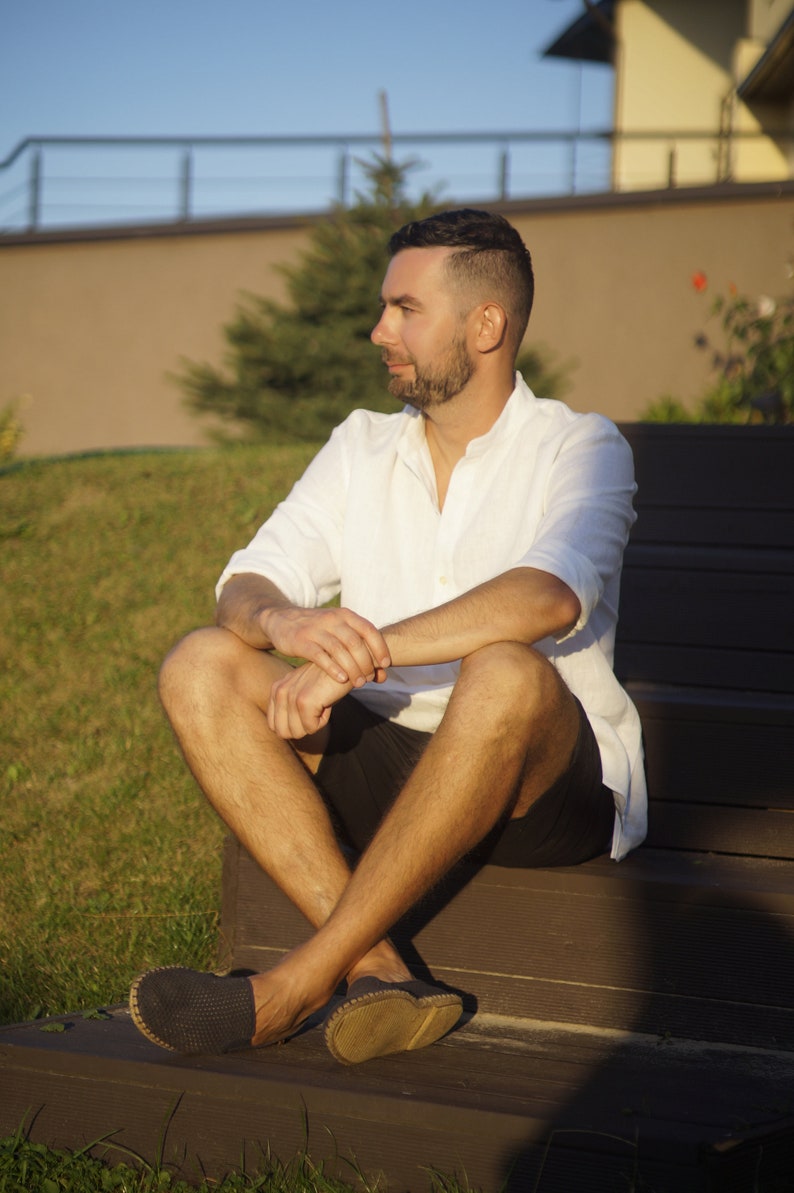 Summer loose blouse, men's light linen shirt, oversized linen white/blue top, thin 100% linen shirt, unisex shirt, stylish pair outfit