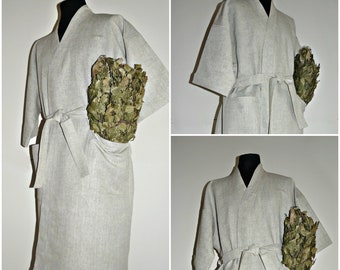 Men's bathrobe-kimono. Linen bathrobe with pockets. SPA robe for men. Natural unpainted fabric. Men's linen clothing for leisure.