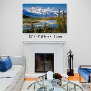 Stunning Canadian Rockies art print. landscape featuring a braided river valley near Saskatchewan Crossing. This dramatic mountain scene is available as an acrylic, canvas, or metal wall art print, perfect for rustic, nature, or adventure-themed decor. The majestic peaks and winding river create a breathtaking view ideal for cabin, lodge, or modern interiors. Alberta Canada Icefields parkway landscape. bow river valley art