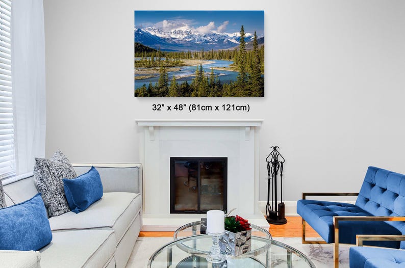 Stunning Canadian Rockies art print. landscape featuring a braided river valley near Saskatchewan Crossing. This dramatic mountain scene is available as an acrylic, canvas, or metal wall art print, perfect for rustic, nature, or adventure-themed decor. The majestic peaks and winding river create a breathtaking view ideal for cabin, lodge, or modern interiors. Alberta Canada Icefields parkway landscape. bow river valley art