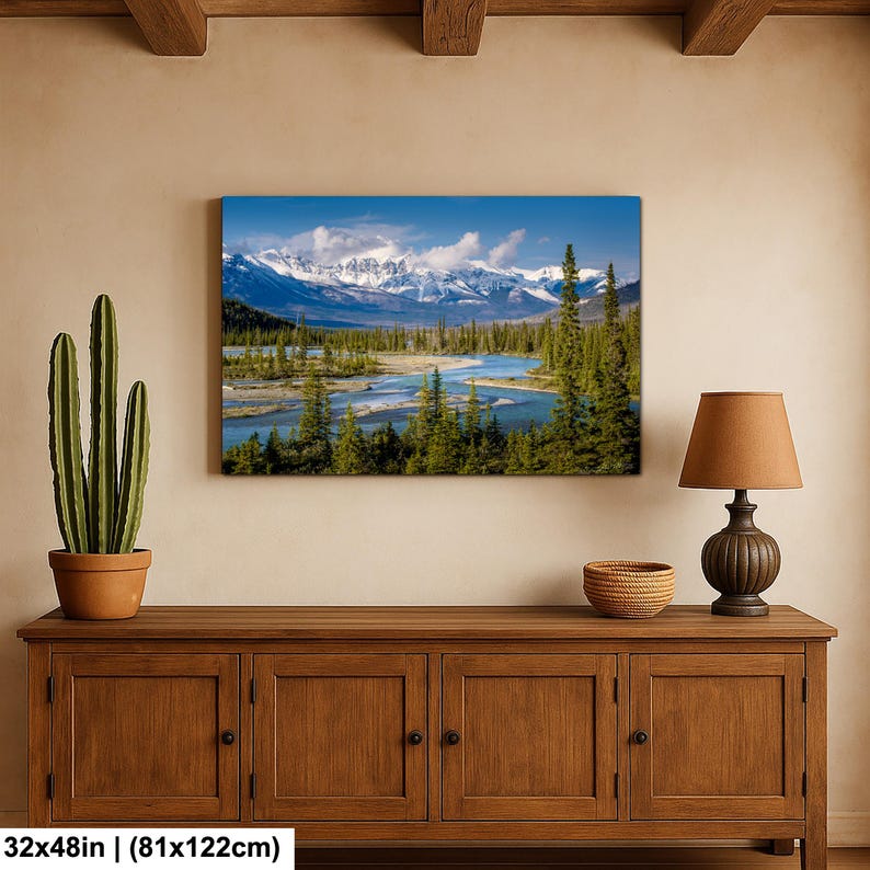 Canadian Rockies art print. landscape featuring a braided river valley near Saskatchewan Crossing. This dramatic mountain scene is available as an acrylic, canvas, or metal wall art print, perfect for rustic, nature, or adventure-themed decor. The majestic peaks and winding river create a breathtaking view ideal for cabin, lodge, or modern interiors. Alberta Canada Icefields parkway landscape. bow river valley art