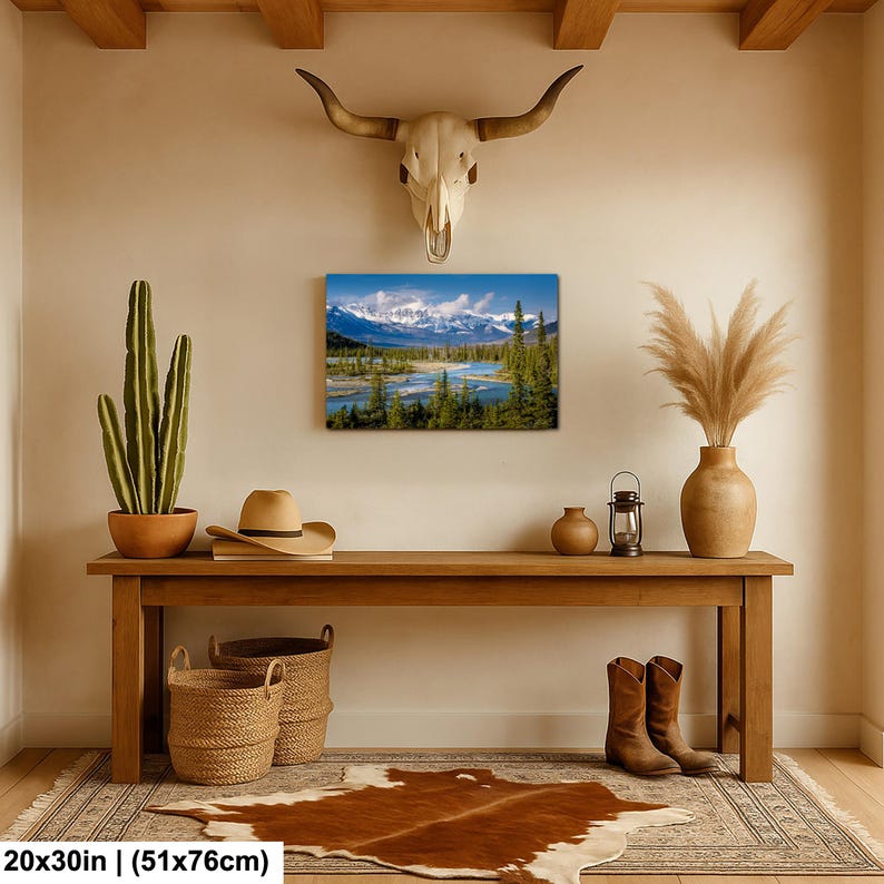 Canadian Rockies art print. landscape featuring a braided river valley near Saskatchewan Crossing. This dramatic mountain scene is available as an acrylic, canvas, or metal wall art print, perfect for rustic, nature, or adventure-themed decor. The majestic peaks and winding river create a breathtaking view ideal for cabin, lodge, or modern interiors. Alberta Canada Icefields parkway landscape. bow river valley art