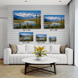 Canadian Rockies art print. landscape featuring a braided river valley near Saskatchewan Crossing. This dramatic mountain scene is available as an acrylic, canvas, or metal wall art print, perfect for rustic, nature, or adventure-themed decor. The majestic peaks and winding river create a breathtaking view ideal for cabin, lodge, or modern interiors. Alberta Canada Icefields parkway landscape. bow river valley art
