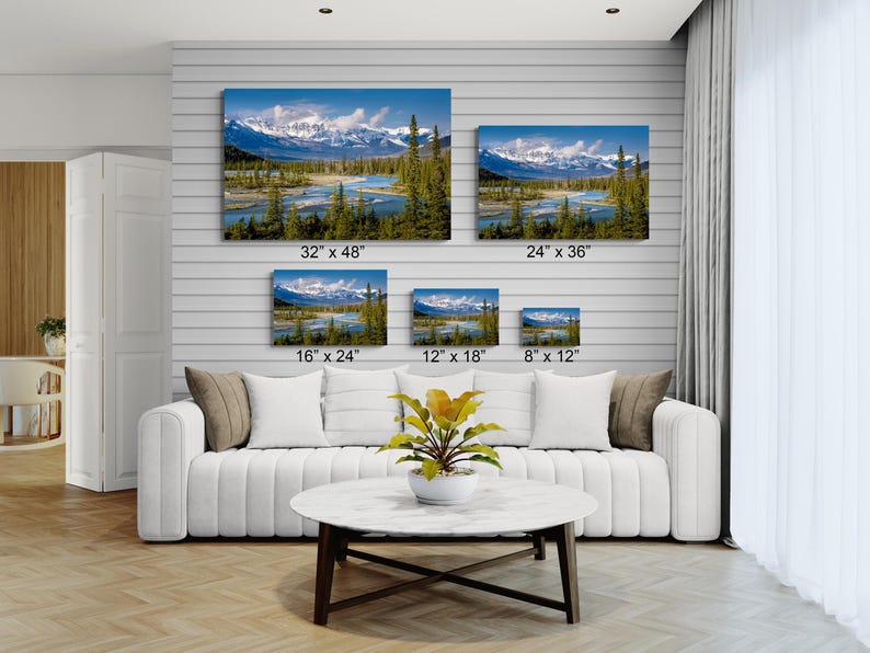 Canadian Rockies art print. landscape featuring a braided river valley near Saskatchewan Crossing. This dramatic mountain scene is available as an acrylic, canvas, or metal wall art print, perfect for rustic, nature, or adventure-themed decor. The majestic peaks and winding river create a breathtaking view ideal for cabin, lodge, or modern interiors. Alberta Canada Icefields parkway landscape. bow river valley art