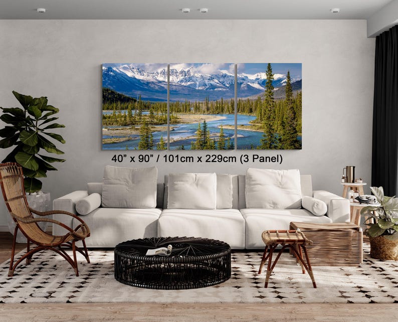 Stunning Canadian Rockies art print. scenic mountains turquoise water landscape print featuring a braided river valley near Saskatchewan Crossing. This dramatic mountain scene is available as an acrylic, canvas, or metal wall art print, perfect for rustic, nature, or adventure-themed decor. The majestic peaks and winding river create a breathtaking view ideal for cabin, lodge, or modern interiors. Alberta Canada Icefields parkway landscape. bow river valley art wilderness 40x90 3 panel print