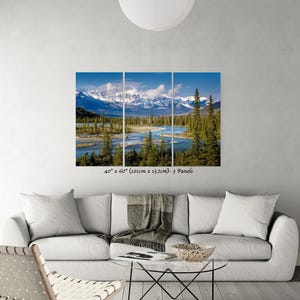 Stunning Canadian Rockies art print. scenic mountains turquoise water landscape print featuring a braided river valley near Saskatchewan Crossing. This dramatic mountain scene is available as an acrylic, canvas, or metal wall art print, perfect for rustic, nature, or adventure-themed decor. The majestic peaks and winding river create a breathtaking view ideal for cabin, lodge, or modern interiors. Alberta Canada Icefields parkway landscape. bow river valley art wilderness 40x60 3 panel print