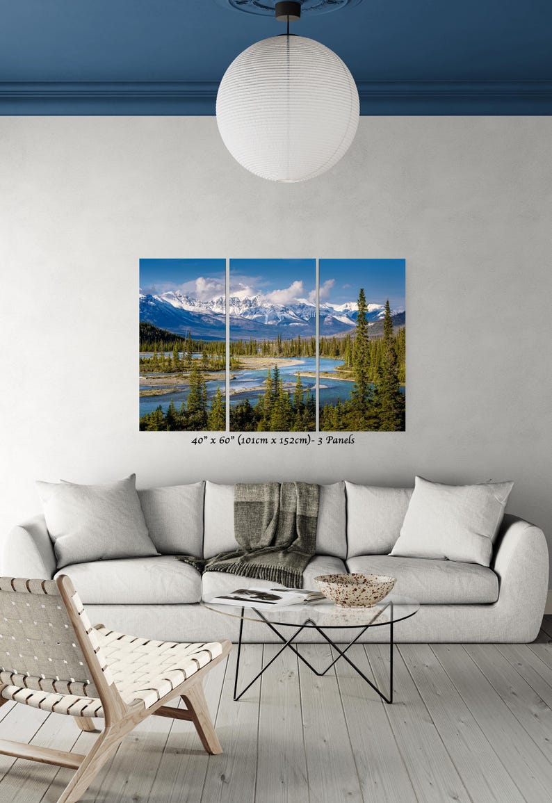 Stunning Canadian Rockies art print. scenic mountains turquoise water landscape print featuring a braided river valley near Saskatchewan Crossing. This dramatic mountain scene is available as an acrylic, canvas, or metal wall art print, perfect for rustic, nature, or adventure-themed decor. The majestic peaks and winding river create a breathtaking view ideal for cabin, lodge, or modern interiors. Alberta Canada Icefields parkway landscape. bow river valley art wilderness 40x60 3 panel print