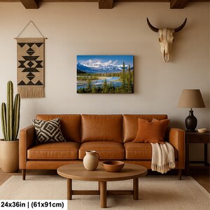 Canadian Rockies art print. landscape featuring a braided river valley near Saskatchewan Crossing. This dramatic mountain scene is available as an acrylic, canvas, or metal wall art print, perfect for rustic, nature, or adventure-themed decor. The majestic peaks and winding river create a breathtaking view ideal for cabin, lodge, or modern interiors. Alberta Canada Icefields parkway landscape. bow river valley art