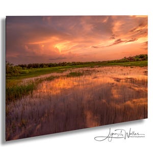 Stampa tramonto Florida Wetlaneds con cielo drammatico e riflessi a Wellington Environmental Preserve. Acrilico, tela, metallo, carta