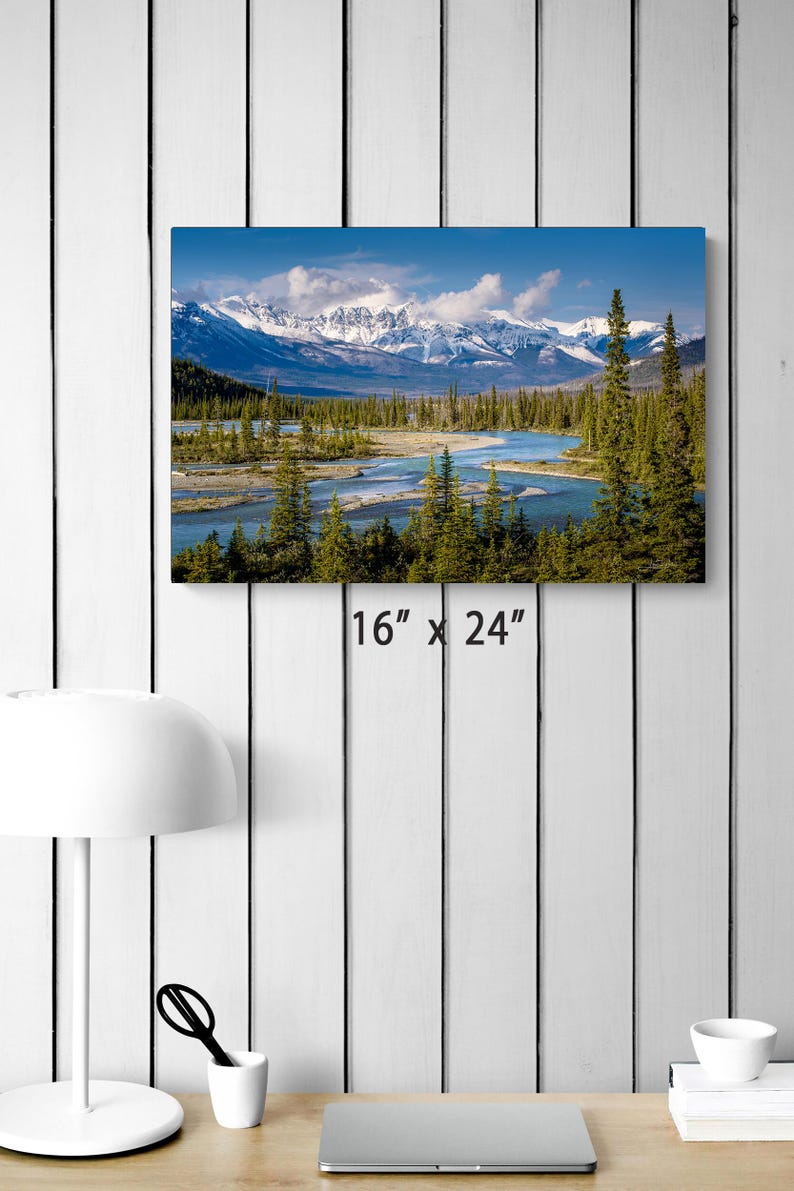 Canadian Rockies art print. landscape featuring a braided river valley near Saskatchewan Crossing. This dramatic mountain scene is available as an acrylic, canvas, or metal wall art print, perfect for rustic, nature, or adventure-themed decor. The majestic peaks and winding river create a breathtaking view ideal for cabin, lodge, or modern interiors. Alberta Canada Icefields parkway landscape. bow river valley art