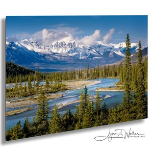 Canadian Rockies art print. landscape featuring a braided river valley near Saskatchewan Crossing. This dramatic mountain scene is available as an acrylic, canvas, or metal wall art print, perfect for rustic, nature, or adventure-themed decor. The majestic peaks and winding river create a breathtaking view ideal for cabin, lodge, or modern interiors. Alberta Canada Icefields parkway landscape. bow river valley art