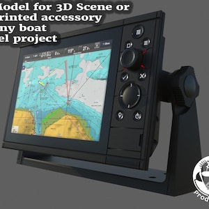 Peut inclure: Modèle 3D noir d'un système de navigation maritime avec un écran affichant une carte nautique. Le système est doté d'un bouton et de boutons pour contrôler l'affichage. Le modèle est monté sur un support et convient à une utilisation dans des scènes 3D ou comme accessoire imprimé en 3D pour des projets de maquettes de bateaux.