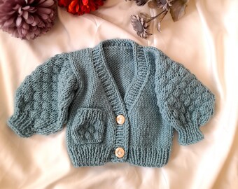 Blue Baby Knit Sweater, Handmade Baby Crop Cardigan, Kids Winter Sweater