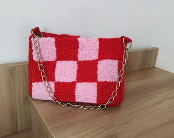 Red Punch Needle Clutch Bag, Checkered Design Tufted Bag, Back to School Bag