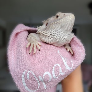 Op de afbeelding: Een witte baardagame is gewikkeld in een roze handdoek met de naam "Opal" erop geborduurd.
