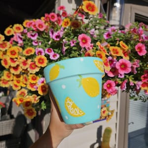 May include: A hand-painted, light blue ceramic flower pot with a lemon design. The pot features yellow lemons and lemon slices, along with white polka dots. The pot is held in front of a hanging basket of colorful flowers.
