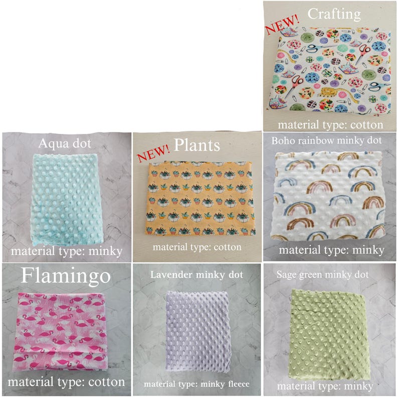 K&ouml;nnte beinhalten: Eine Sammlung von Stoffmustern mit verschiedenen Mustern und Texturen. Die Designs umfassen Bastelbedarf, Topfpflanzen, Regenb&ouml;gen, Flamingos sowie einfarbige Minky-Stoffe mit Noppenstruktur in Aqua, Lavendel und Salbeigr&uuml;n.