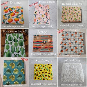 K&ouml;nnte beinhalten: Ein Raster aus neun Stoffmustern mit verschiedenen Motiven, darunter Orangen, Blumengarten, tropische Bl&auml;tter, gr&uuml;ne Kakteen, Aztekenmuster, pfirsichfarbenes Karo, Fr&ouml;sche, Sonnenblumen und eine wei&szlig;e, weiche Kunstfelltextur.