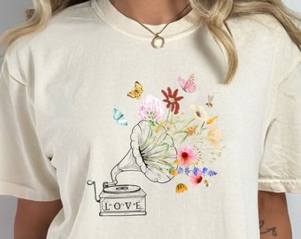 Wildflower Music Shirt, Vintage Music and Flowers Tee, Boho Style Shirt, Corecottage Shirt, Wildflowers Shirt, Botanical Shirt, Flower Shirt