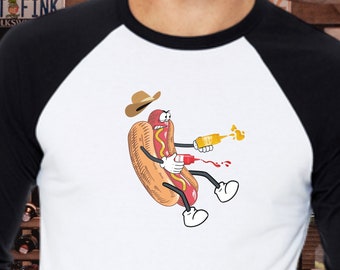 Retro Hot Dog Shooter, Hilarious Novelty Graphic, Retro 80s, Weird Stuff, Funny Retro Design, Original Artwork, Western Dog Raglan Baseball