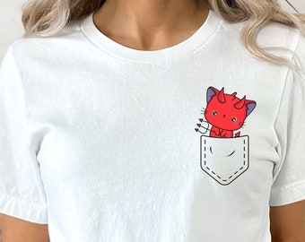Cute Lil Devil in Pocket Tshirt, Graphic Pocket shirt, Little Devil Shirt, Cool Shirt For Men Women, Cute Gift Shirt, Kitty Devil Shirt