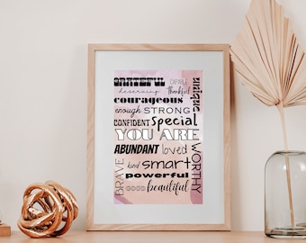 Inspiring Affirmations Printable Wall Art Rainbow Teal and Pink, Affirmations Wall Prints on Colors, Feel Good Decor Prints, Trendy Wall Art