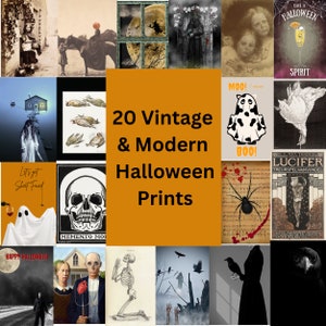 May include: A collage of 20 vintage and modern Halloween prints. The prints feature a variety of spooky and whimsical images, including ghosts, skulls, spiders, and more. The prints are perfect for adding a touch of Halloween spirit to your home decor.
