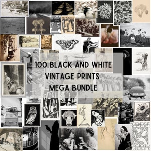 Op de afbeelding: Een collage van 100 zwart-wit vintage prints, met een verscheidenheid aan onderwerpen, waaronder dieren, mensen, natuur en abstracte kunst. De tekst "100 BLACK AND WHITE VINTAGE PRINTS MEGA BUNDLE" wordt in het midden van de collage weergegeven.