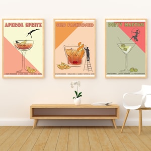 Vintage Design Cocktail Poster Prints, Aperol Spritz Print, Old Fashioned Print, Dirty Martini Print, Tryptic Wall Art, Retro Wall Prints