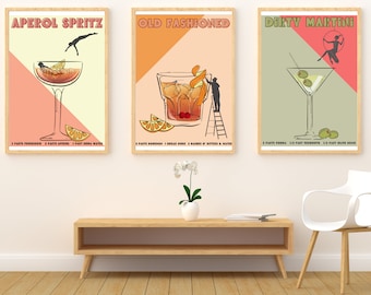 Vintage Design Cocktail Poster Prints, Aperol Spritz Print, Old Fashioned Print, Dirty Martini Print, Tryptic Wall Art, Retro Wall Prints