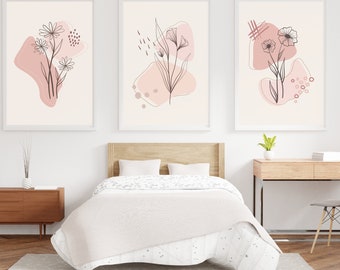 Botanical Bohomodern, Mid Century Art Prints, Pink Modern Wall Art Decor, Minimalist Digital Prints, Boho Style Art Prints, Tryptic Art